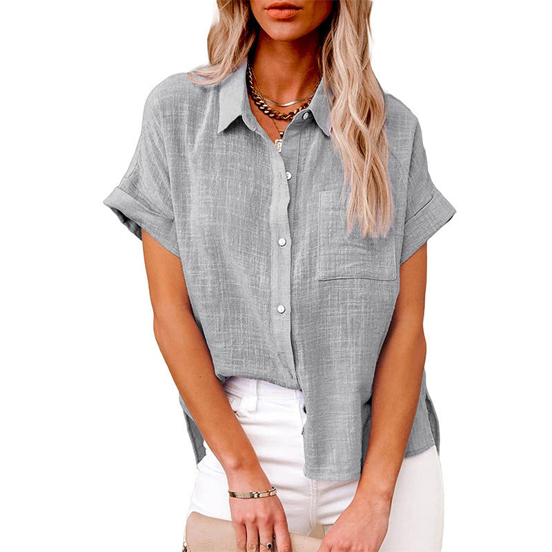 Women's Solid Color Pocket Short Sleeve Cotton Linen Shirt