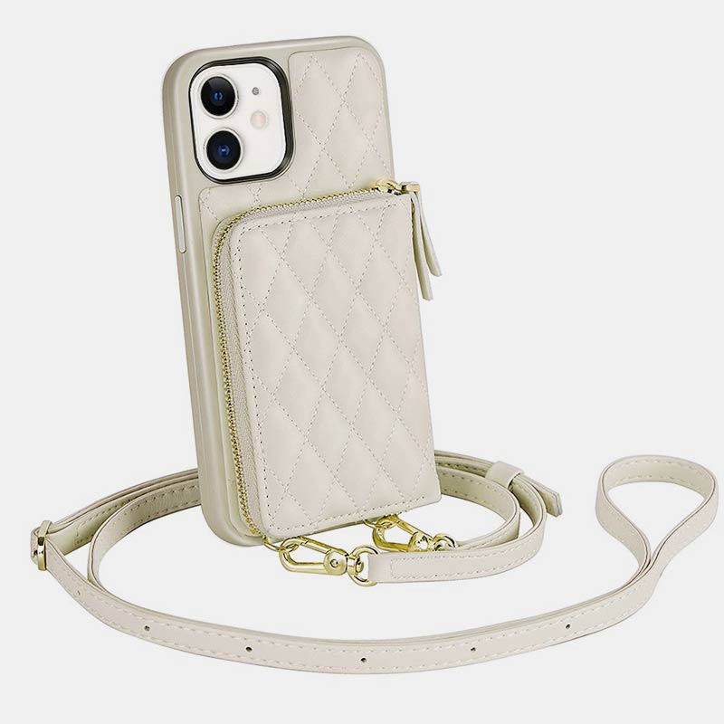 iPhone Phone Case Quilted Leather Wallet Case Card Holder with Crossbody Strap