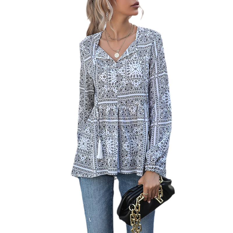 Women's Long-sleeved Printed V-neck Fringed Shirt