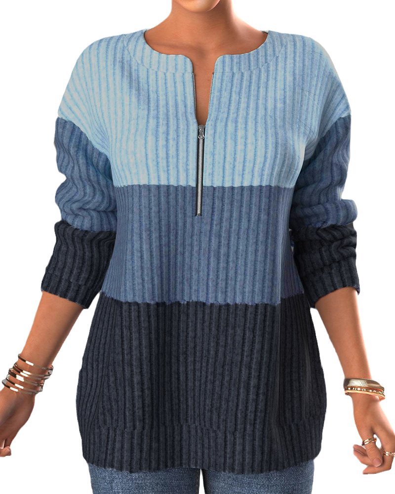 Color Block Zipper Blouse