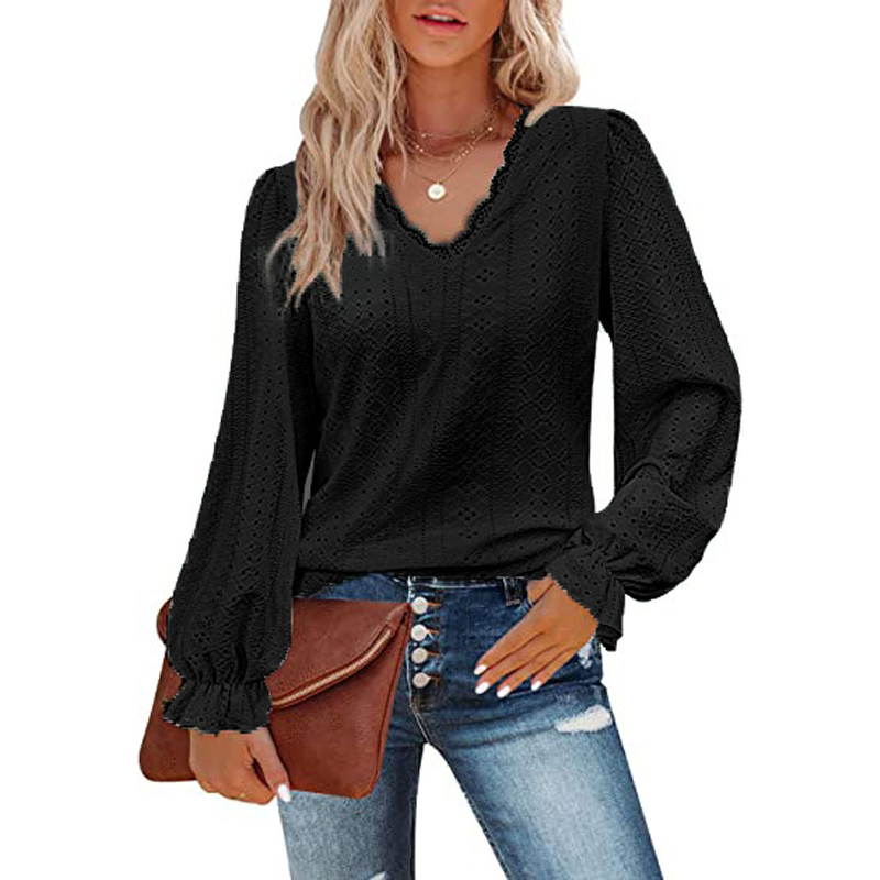Women's V-Neck Cutout Casual Pleated Sleeve Top Shirt