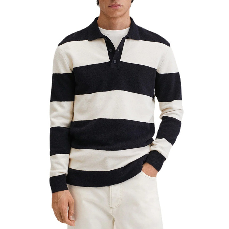 Lapel Half Button Contrast Striped Casual Pullover