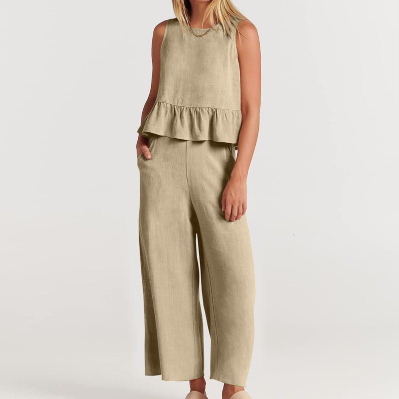 Women Sleeveless pleated tank top wide leg pants set