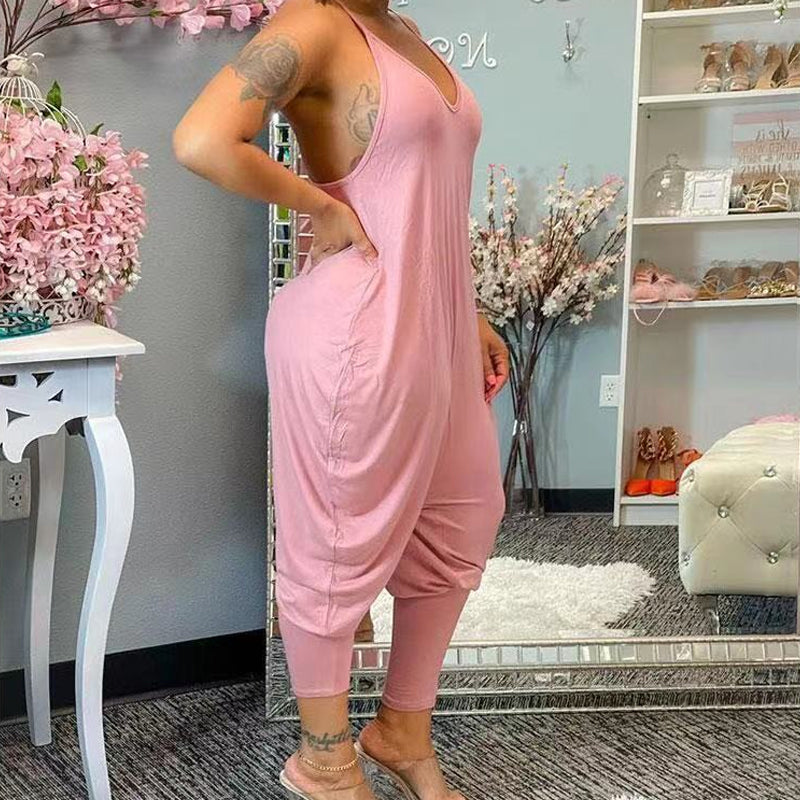 Women's Fashionable Casual Solid Color Suspender Jumpsuit