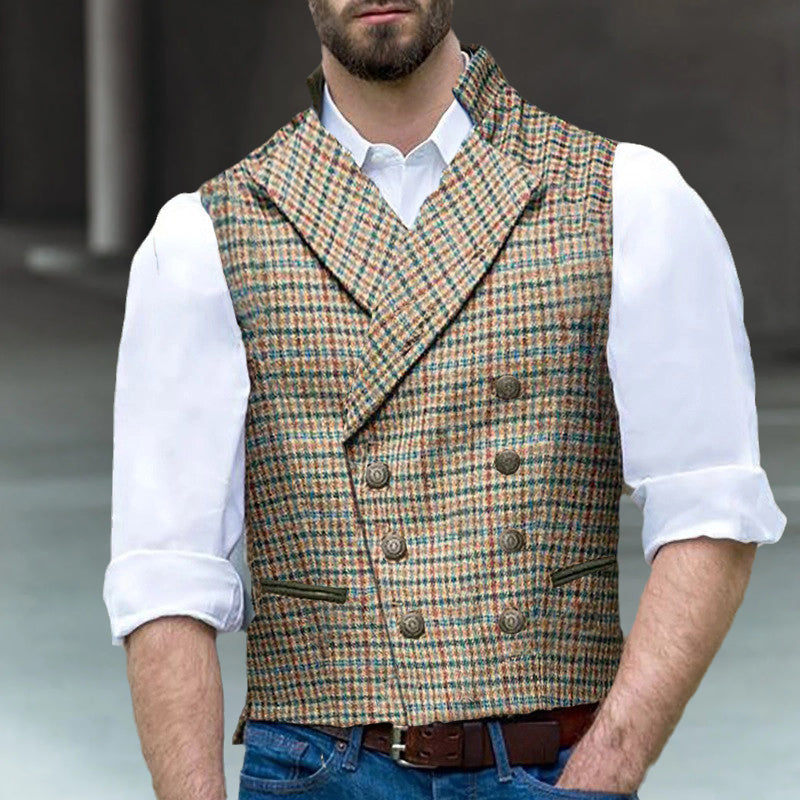 Check Double-Breasted Suit Collar Slim Cargo Vest
