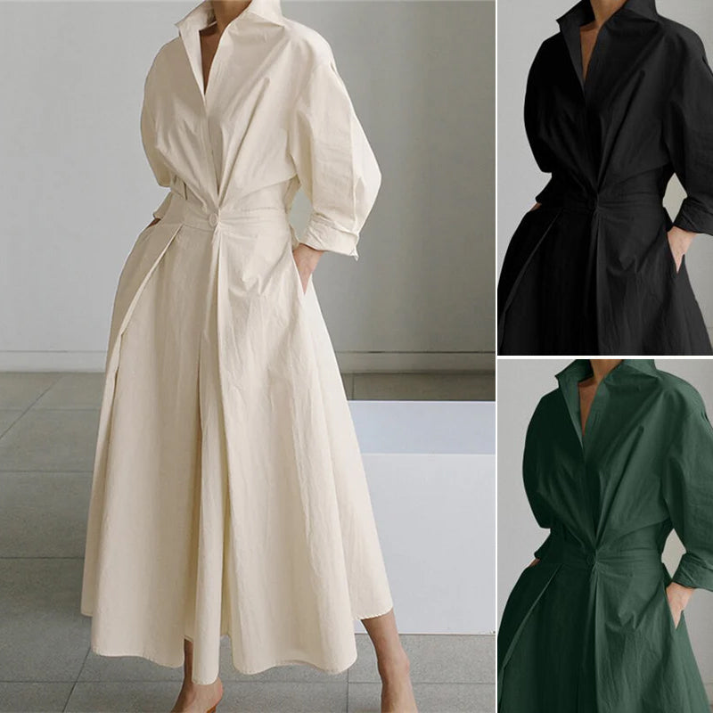 Women's Solid Pocket Button Lapel Long Sleeve Maxi Shirt Casual Dress