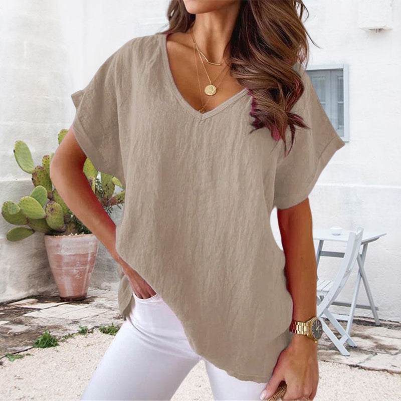 V-neck Cotton and Linen Shirt