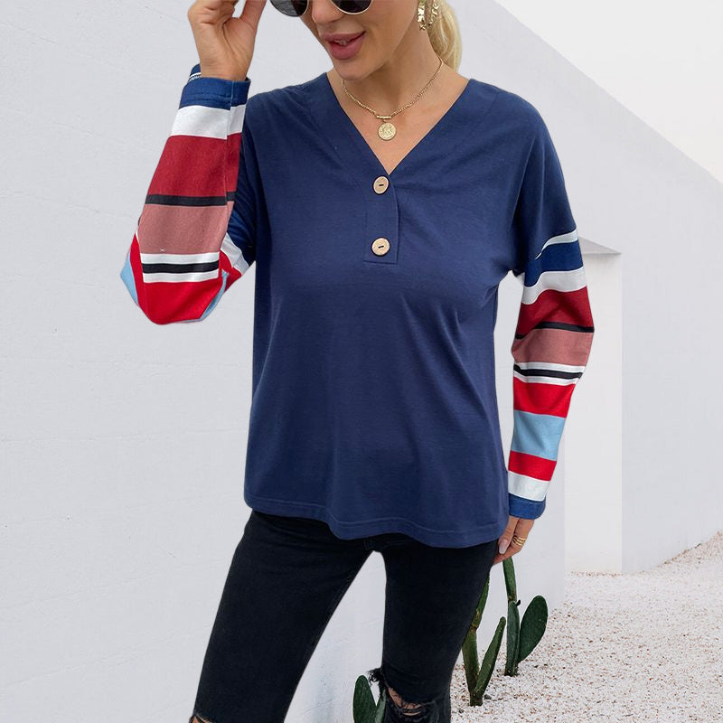 V-Neck Striped Sleeve Top