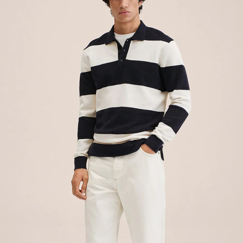 Lapel Half Button Contrast Striped Casual Pullover