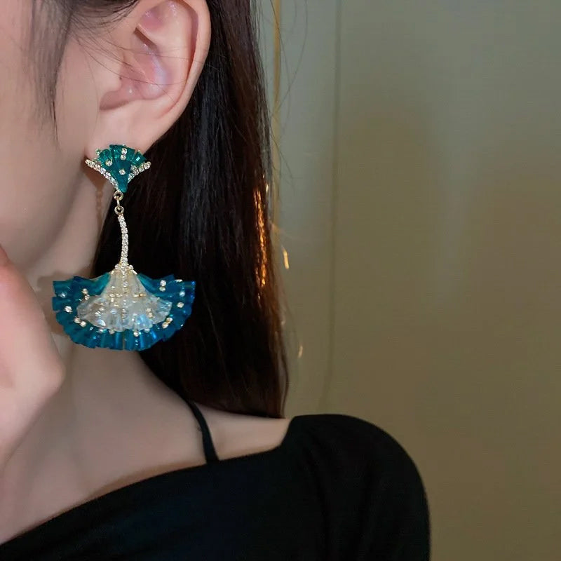 Diamond Encrusted Crystal Fan-Shaped Ginkgo Leaf Earrings