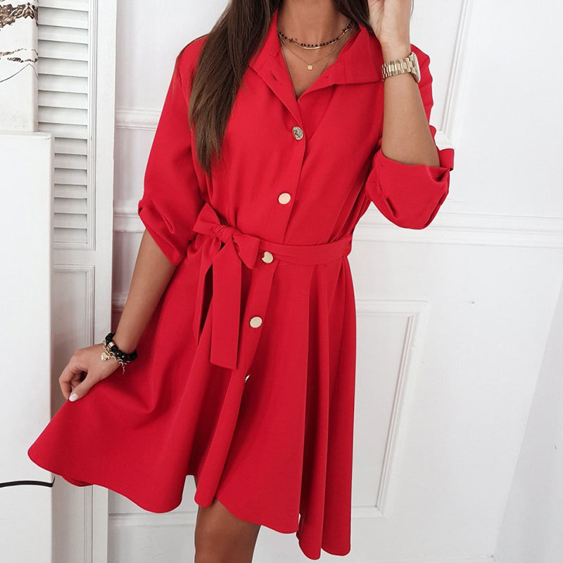 Solid Color Waist Button Belt Dress