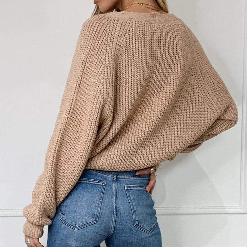 Solid Color V-Neck Balloon Sleeve Button Knit Sweater