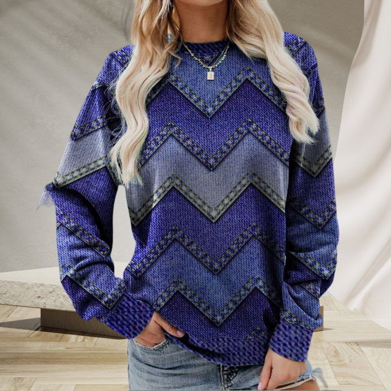 Women's Wavy Denim Print Casual Long Sleeve Sweater