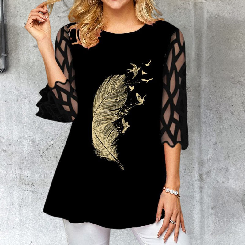 Lace Sleeve Printed T-shirt