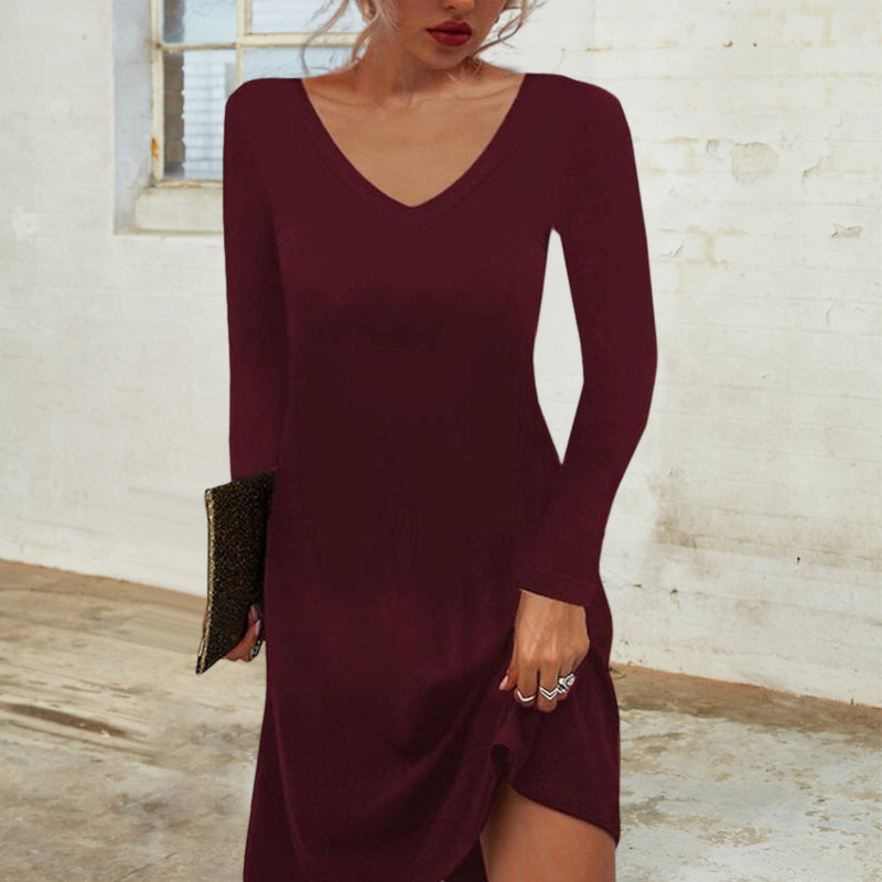Solid Color Casual Deep V Dress