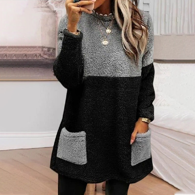 Round Neck Panels Pockets Long Sleeves Suede Sweatshirt