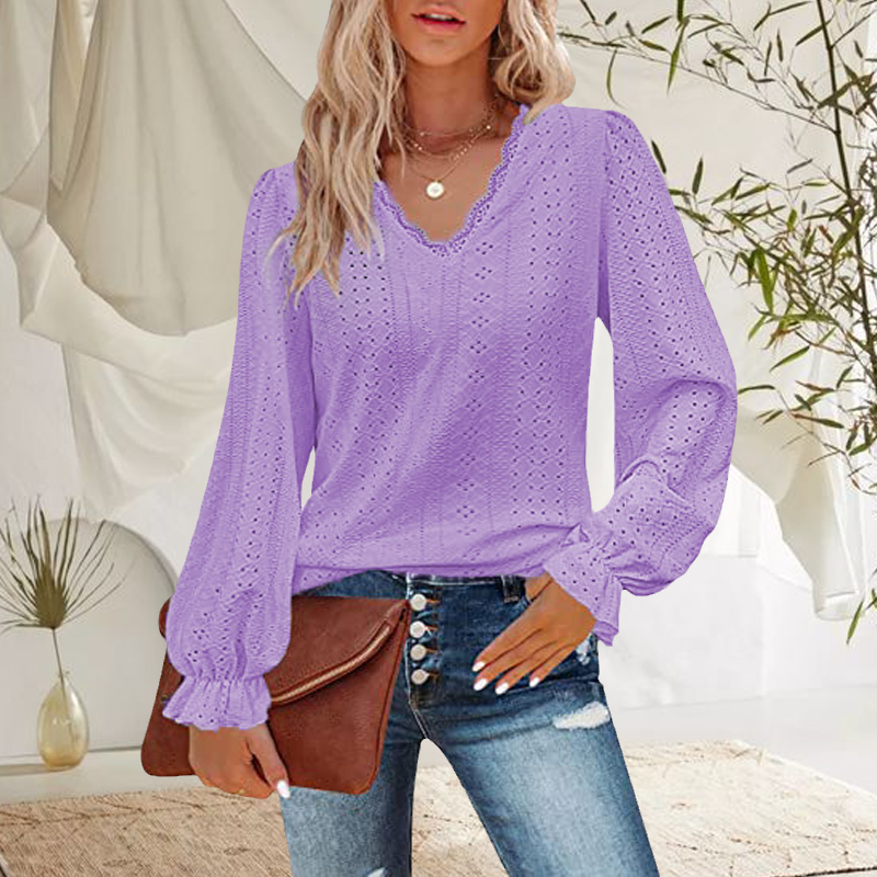 Women's V-Neck Cutout Casual Pleated Sleeve Top Shirt