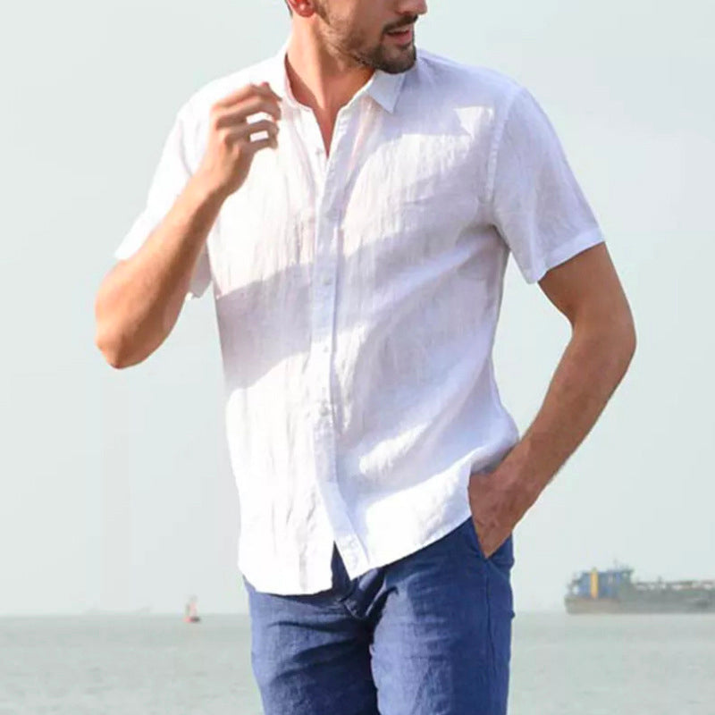 Linen Lapel Solid Color Short Sleeve Shirt