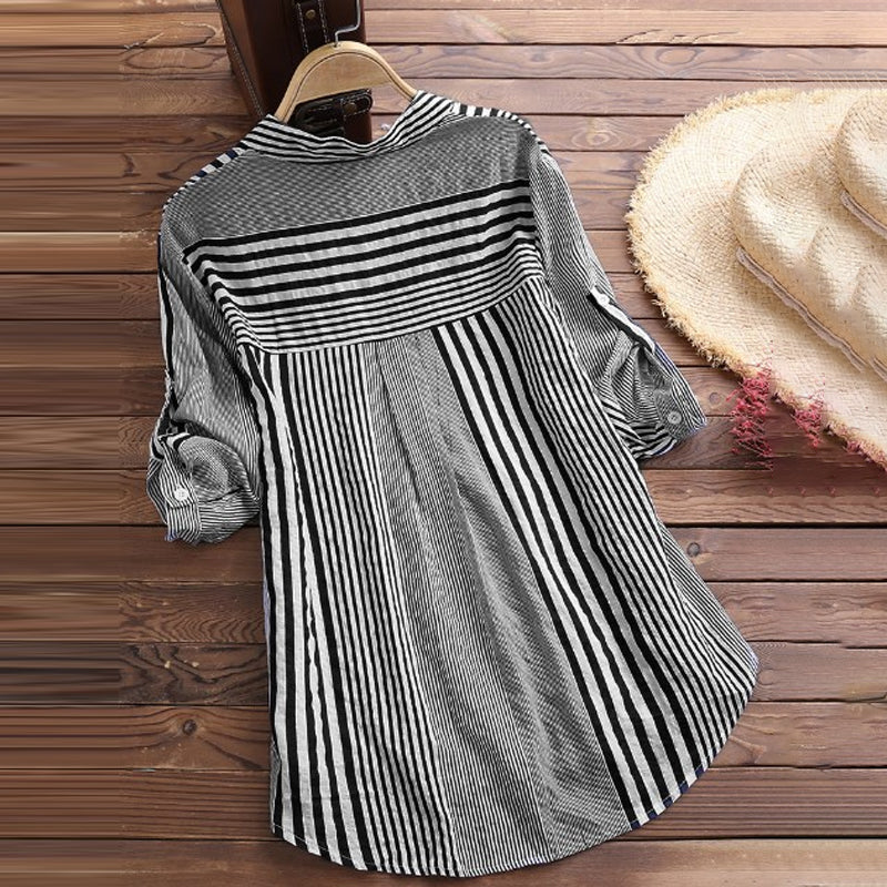Stripe Print Stand Collar 3/4 Sleeves Blouse