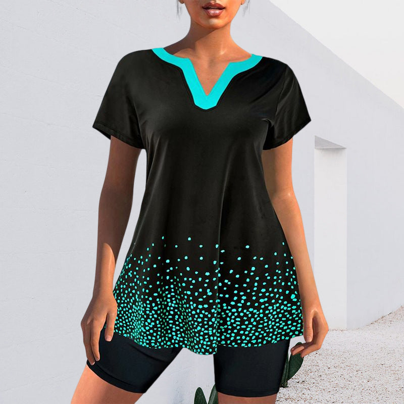 Conservative V Neck Polka Dot Swimsuit