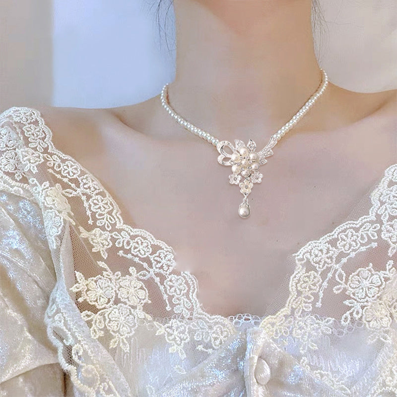Crystal Diamond Pearl Necklace And Earring Set
