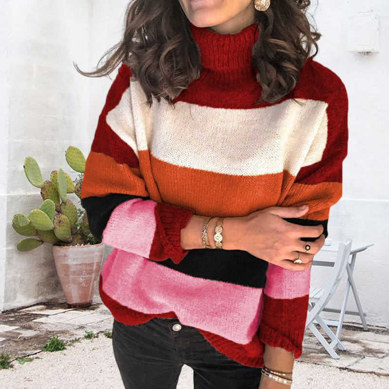 High-neck Paneled Knitted Striped Sweater