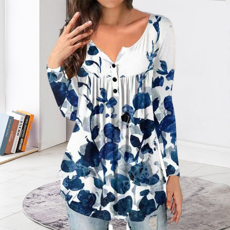 Printed Button Loose Long Sleeve T-Shirt