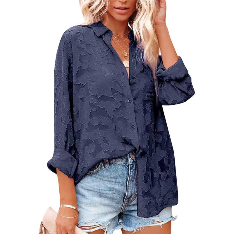 Solid Color Cutout Chiffon Jacquard Button Long Sleeve Shirt