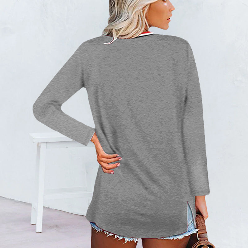 Striped Panel V-Neck Long Sleeves