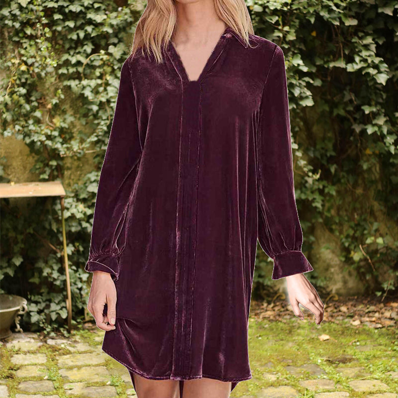 Long-Sleeve V-Neck Panel Gold Velvet Dress