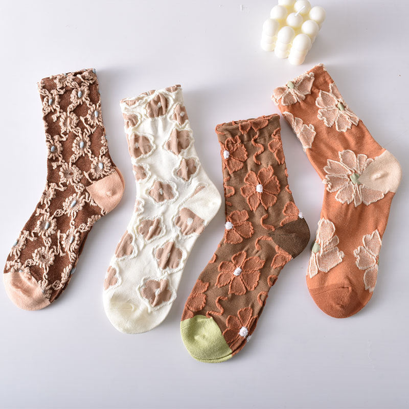 Women's Elegant Embossed Floral Cotton Socks