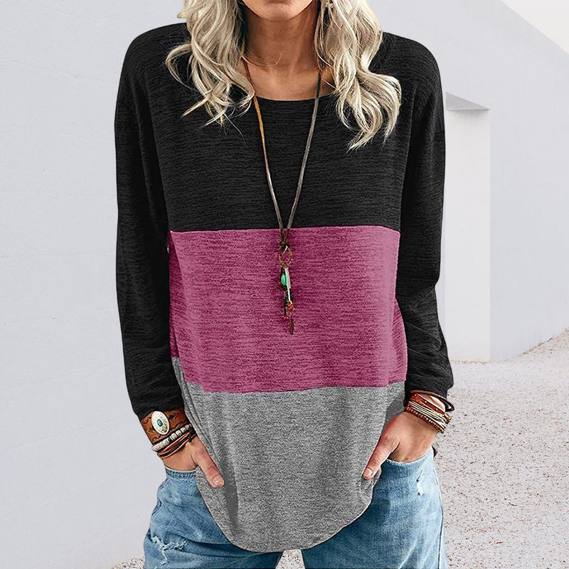 Round Neck Pullover Contrast Long Sleeve T-Shirt
