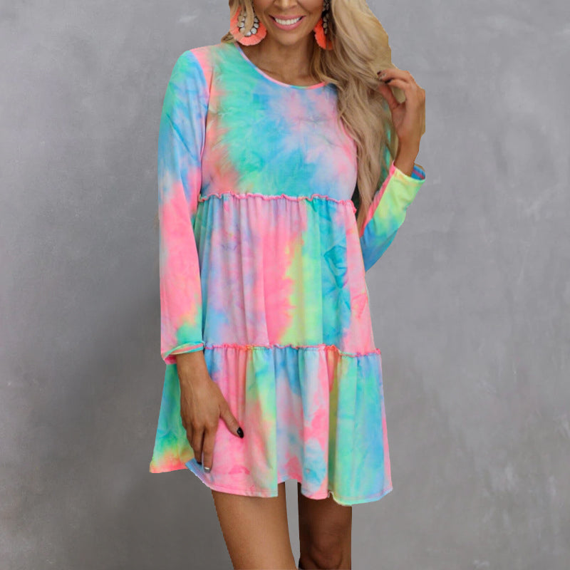 Tie-dye Printed Long-sleeve Panelled Dress