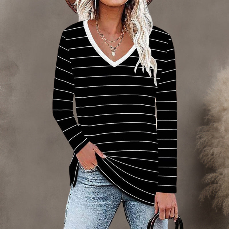 Long Sleeve V Neck Striped T-Shirt