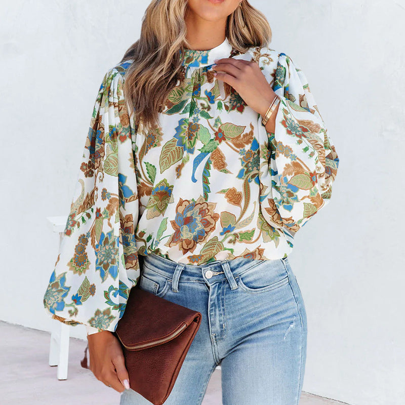 Stand Collar Balloon Sleeve Shirt