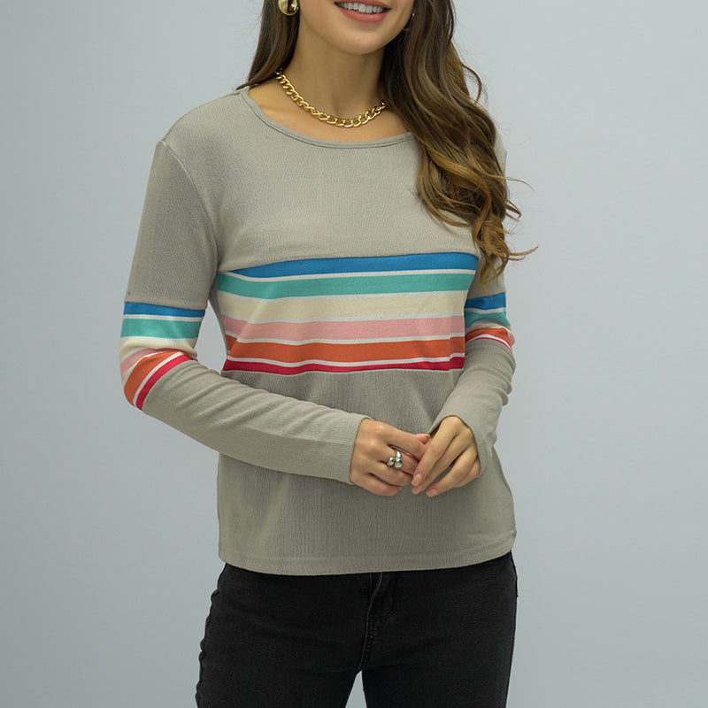 Crew Neck Long Sleeve Rainbow Stripe Panel T-Shirt