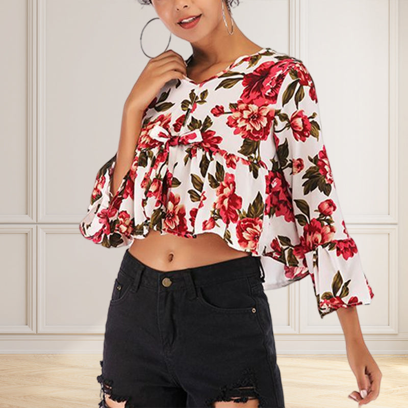 Ladies Summer V-Neck Flared Sleeve Printed Chiffon Shirt