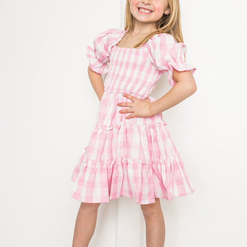 Children's Square Neck Lantern Sleeve Floral Plaid Dress