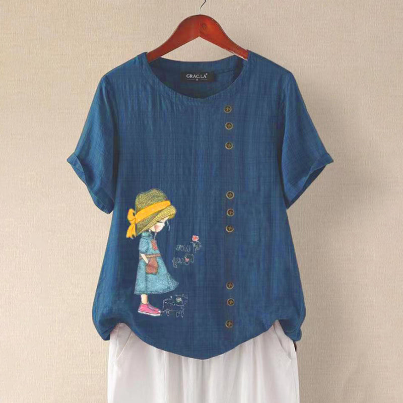 Women Cotton Linen Crew Neck Short Sleeve Tunic