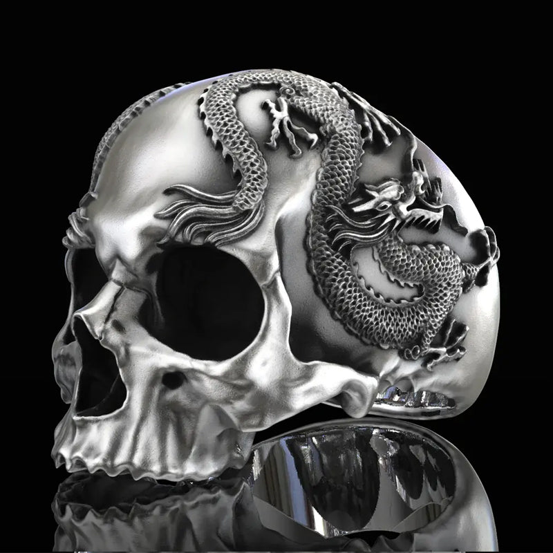 925 Silver Skull And Dragon Ring