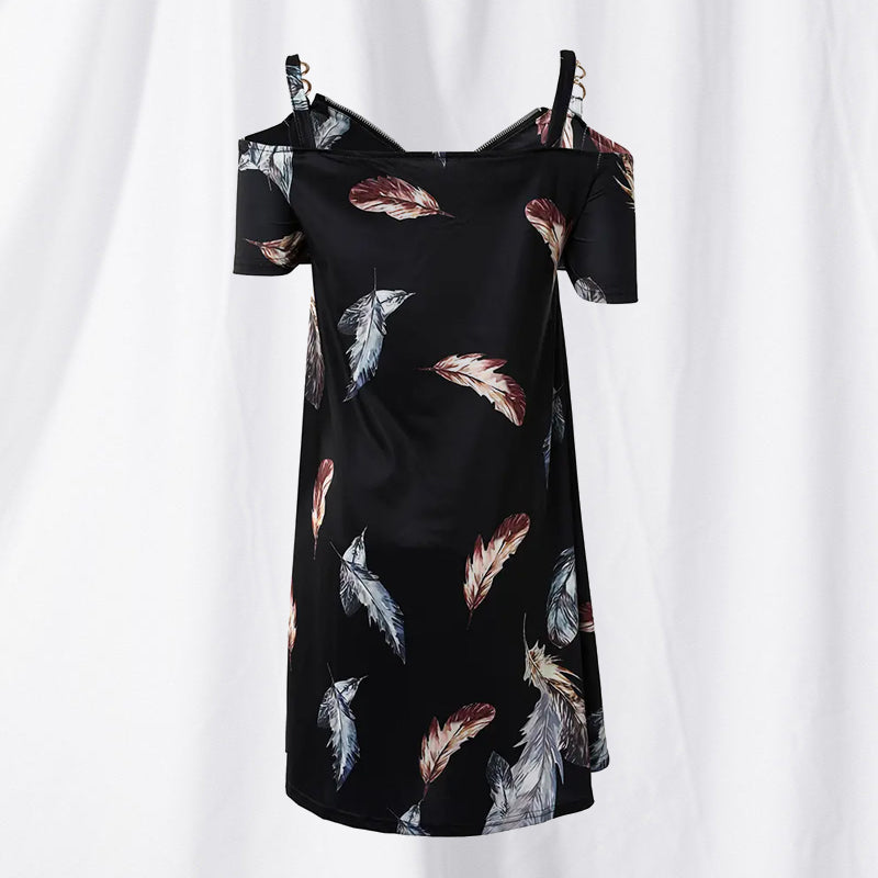 Feather Print Cold Shoulder Pocket Design Casual Dress