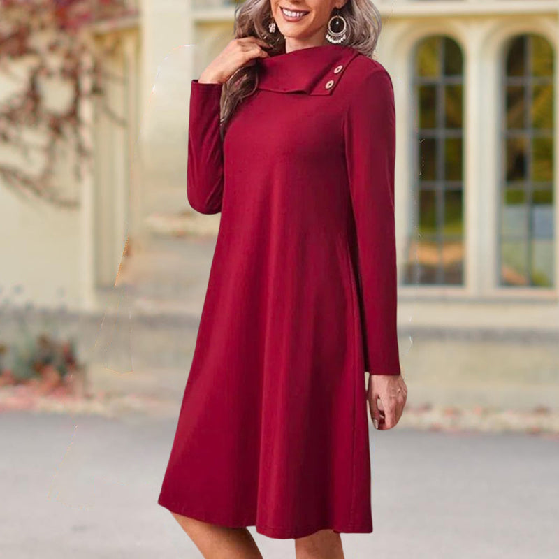 Solid Color Christmas Dress with Elegant Buttons