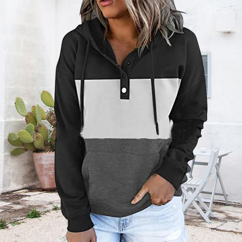 Ladies Colorblock Fleece V-Neck Hooded Drawstring Pullover Sweatshirt