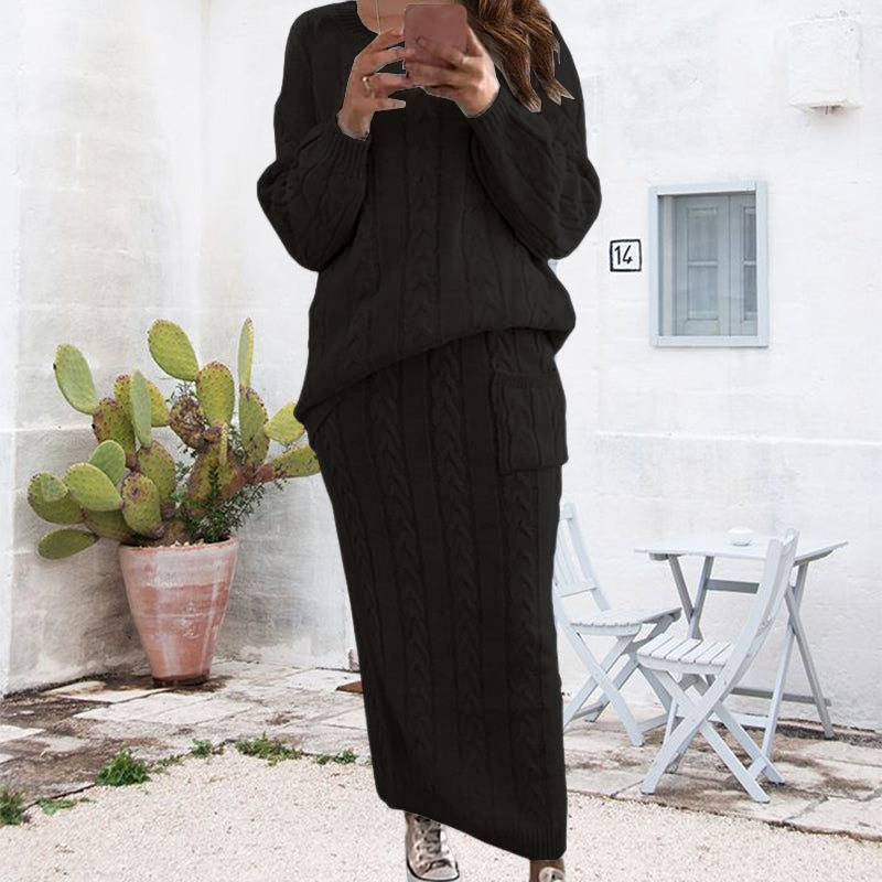 Cable Knit Patched Pocket Skirt Set