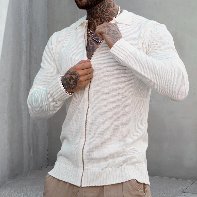 Men's White Long Sleeve Casual Fashion Zip Knit Sweater