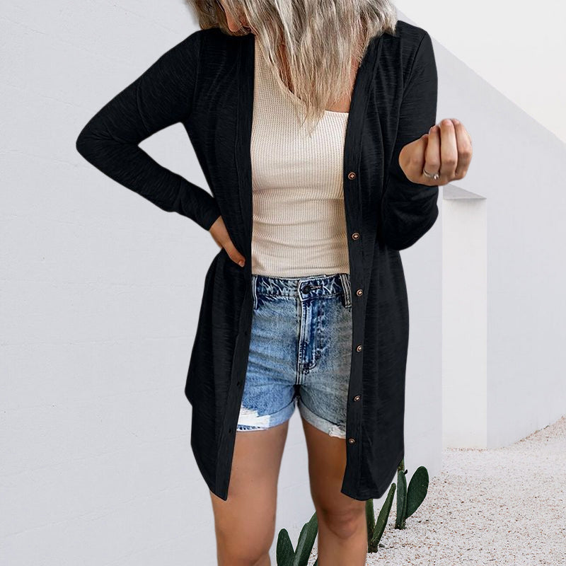 Button Solid Long Sleeve Cardigan