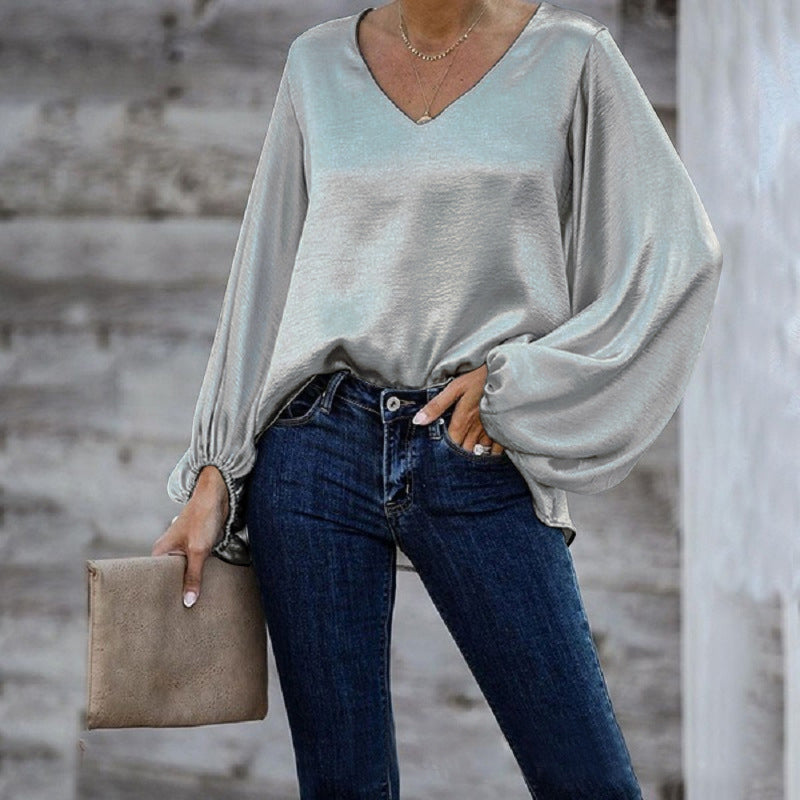V-Neck Satin Long Sleeve Shirt
