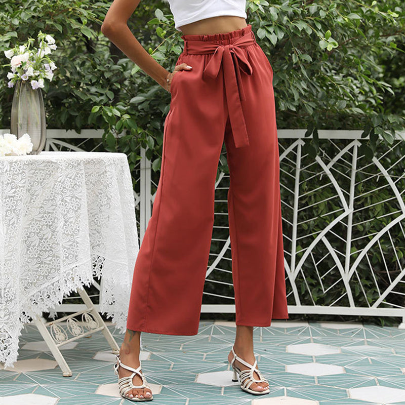 High Waist Solid Color Casual Wide Leg Pants