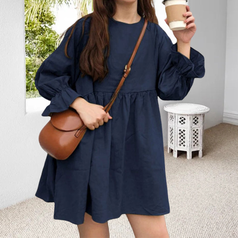 Long Sleeve Pleated Mini Cotton Linen Dress