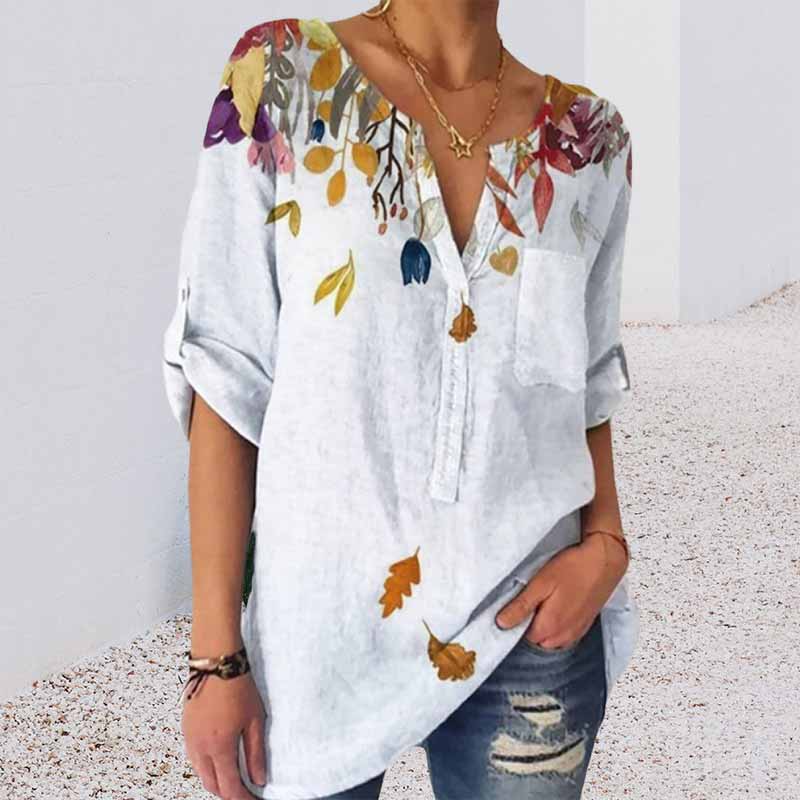Loose Print V-Neck 3/4 Sleeve Shirt